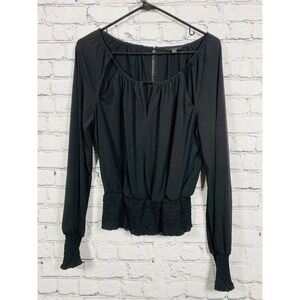 Guess Blouse Womens Long Sleeve Cold Shoulder Smocked Waist Black L Excellent